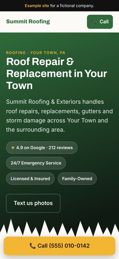 Example home service website on a phone
